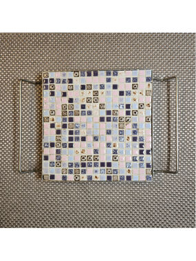 Vintage MCM Tile Trivet Hot Plate With Handles Pink Purple Beige Brown